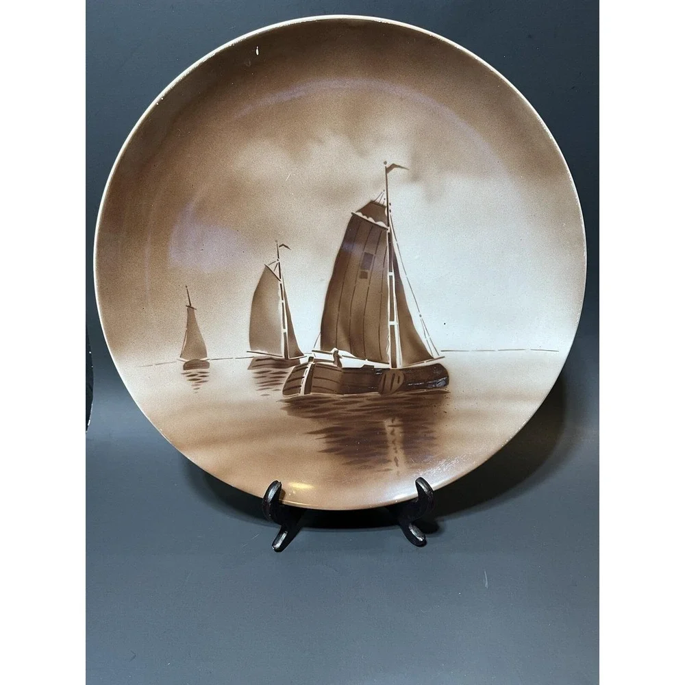 Société Céramique pre-1958 Maestricht Sepia Plate Sailboats Ships Holland 13